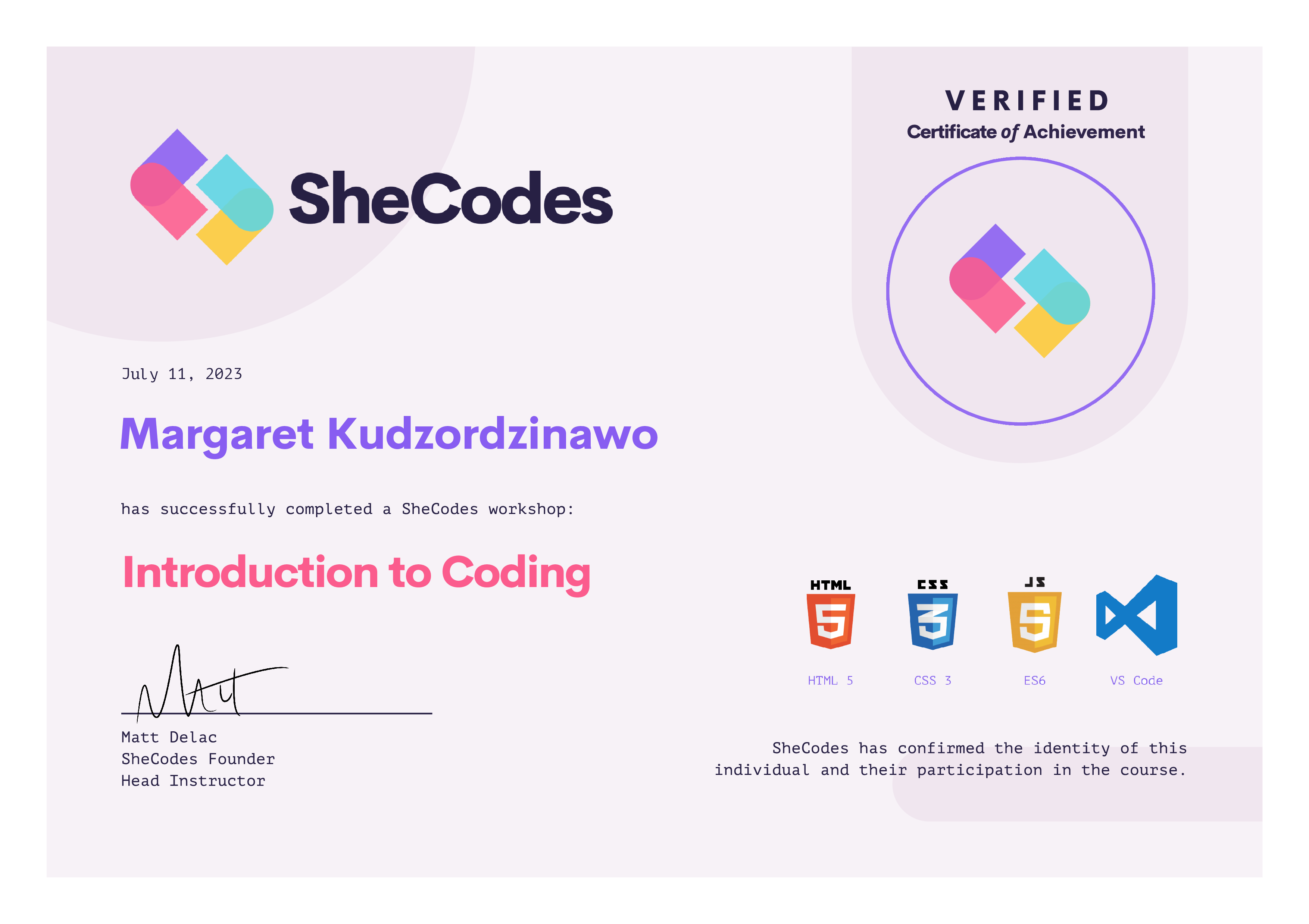 SheCodes Basics cert